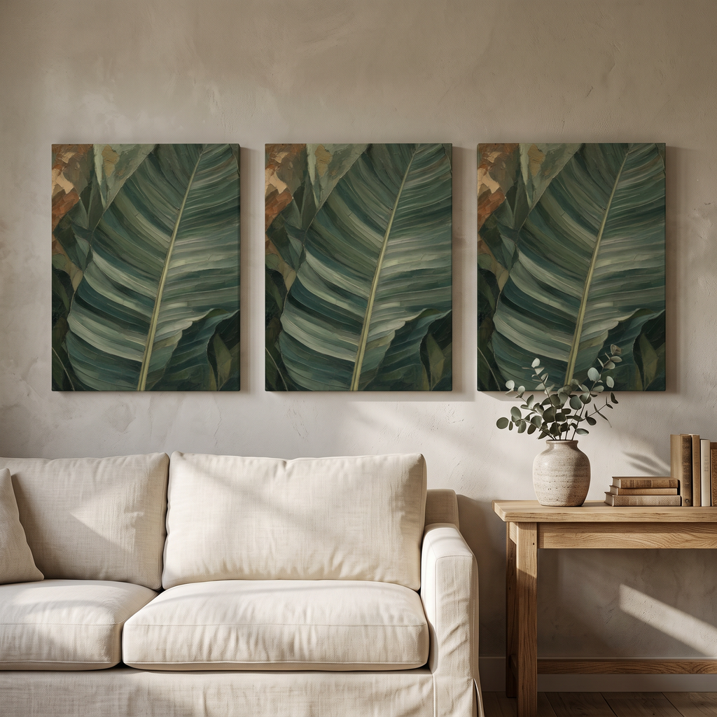Banana Leaf Wall Art — banana leaf art, bedroom decor, canvas wall art shown on a wall in a styled interior, view C3 (tropical botanical) | BloomWorld Art