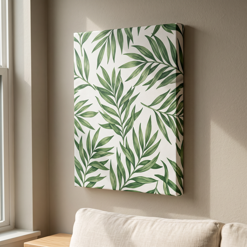 Banana Leaf Wall Art — banana leaf art, bedroom decor, canvas wall art shown on a wall in a styled interior, view C8 (tropical botanical) | BloomWorld Art