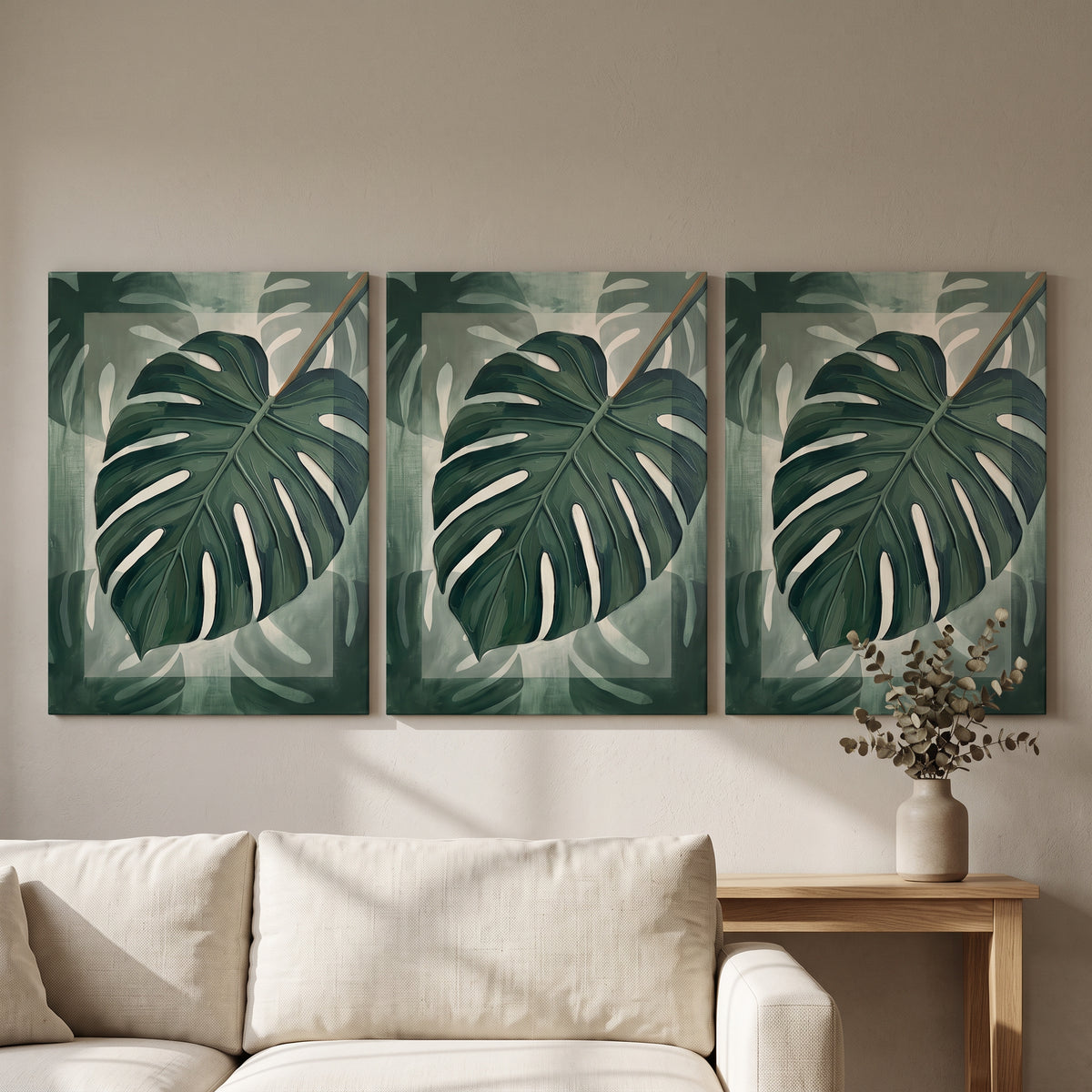Tropical Wall Art for Bedroom — bedroom decor, blue ocean wall art, canvas wall art shown on a wall in a styled interior, view C3 (tropical botanical) | BloomWo