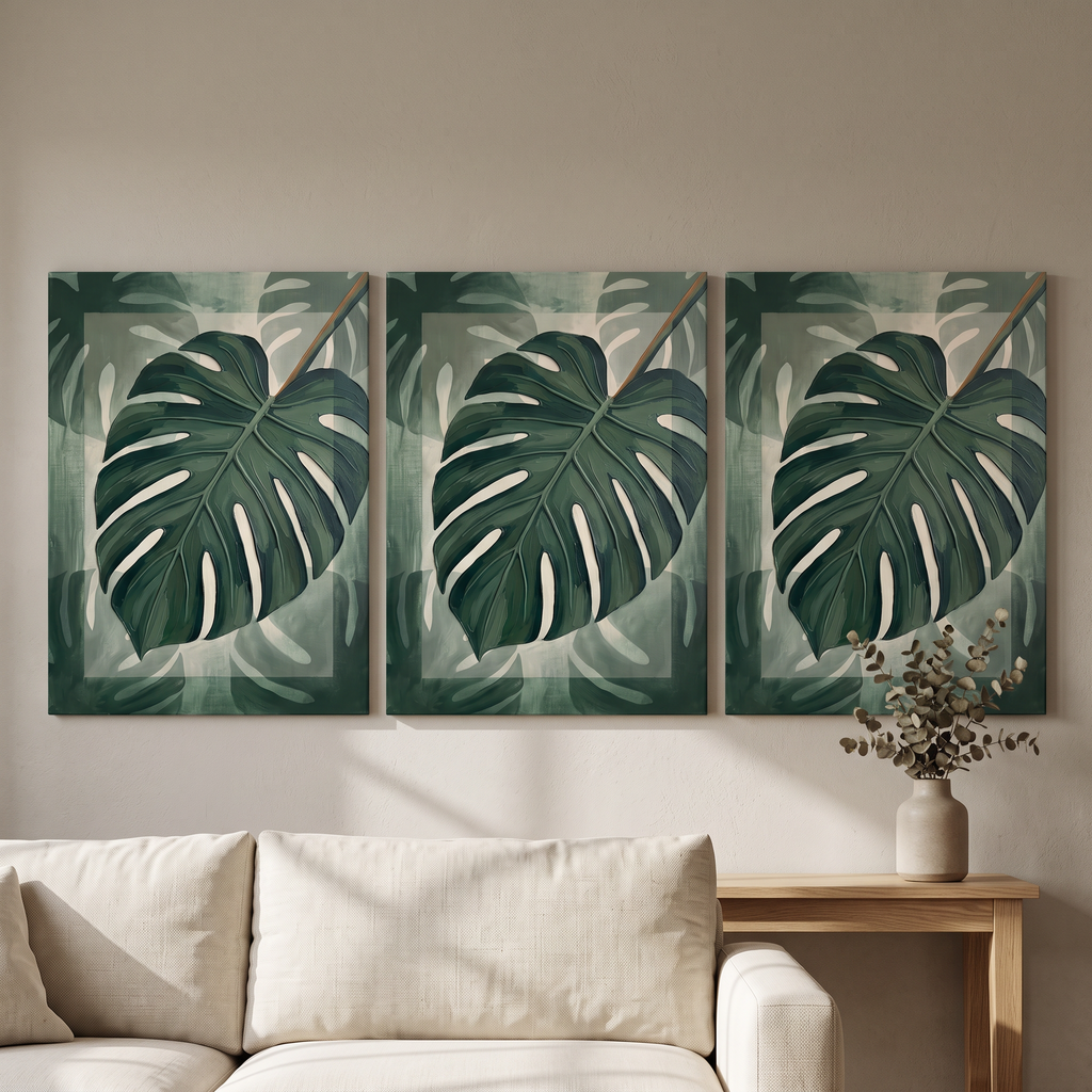Tropical Wall Art for Bedroom — bedroom decor, blue ocean wall art, canvas wall art shown on a wall in a styled interior, view C3 (tropical botanical) | BloomWo