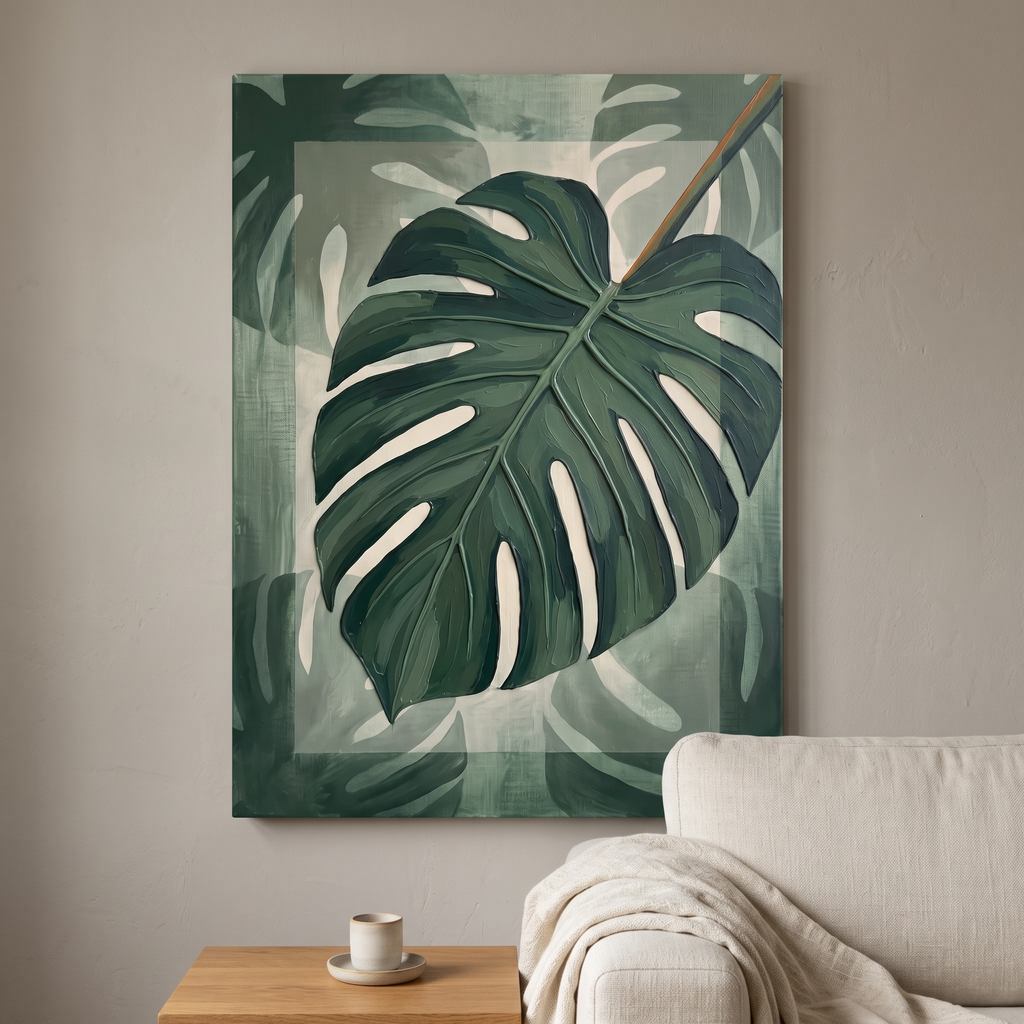 Tropical Wall Art for Bedroom — bedroom decor, blue ocean wall art, canvas wall art shown on a wall in a styled interior, view C8 (tropical botanical) | BloomWo
