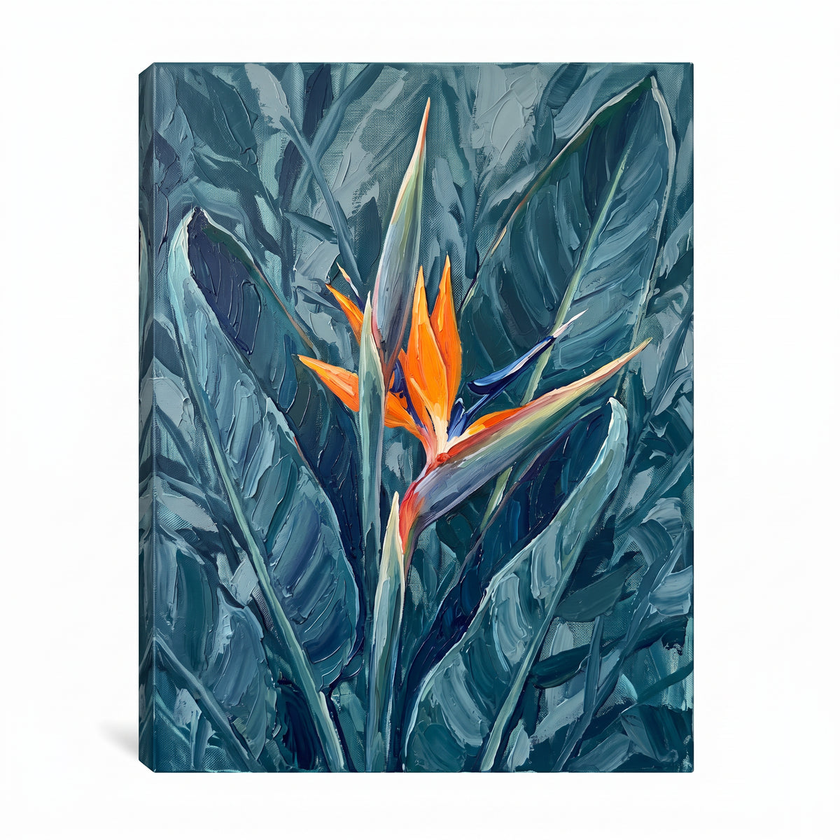 Blue Tropical Wall Art — blue tropical wall, botanical wall art, canvas wall art shown on a wall in a styled interior, view C1 (tropical botanical) | BloomWorld