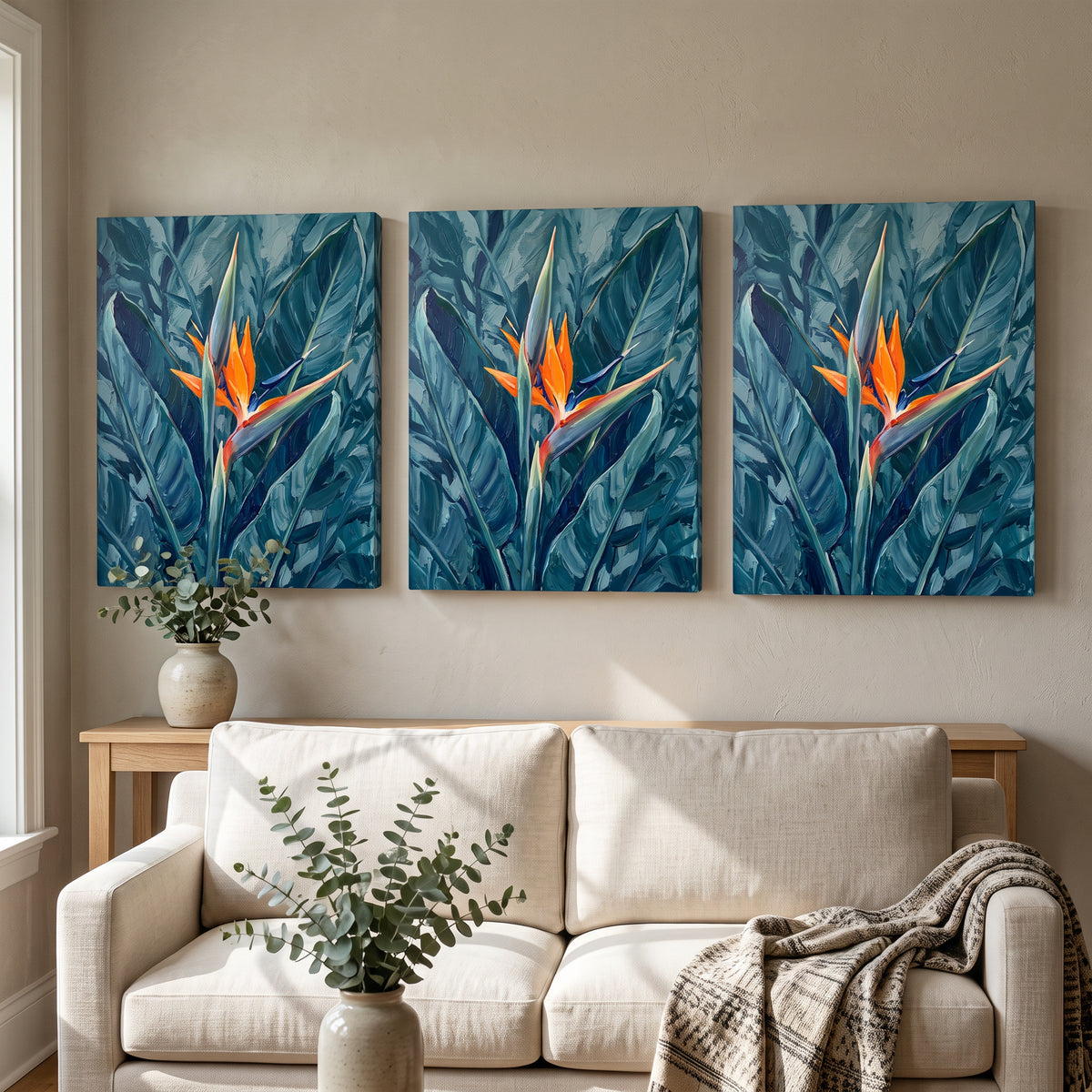 Blue Tropical Wall Art — blue tropical wall, botanical wall art, canvas wall art shown on a wall in a styled interior, view C3 (tropical botanical) | BloomWorld