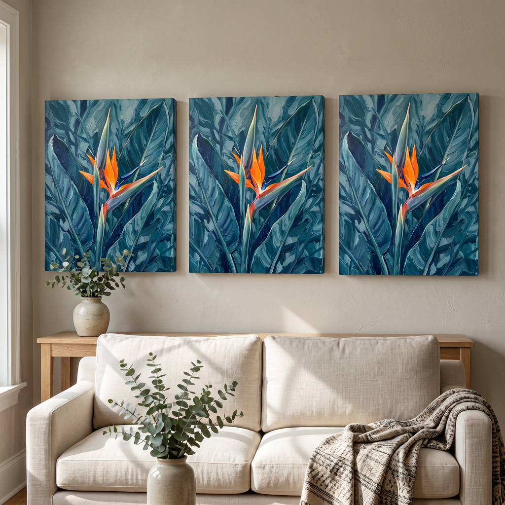 Blue Tropical Wall Art — blue tropical wall, botanical wall art, canvas wall art shown on a wall in a styled interior, view C3 (tropical botanical) | BloomWorld