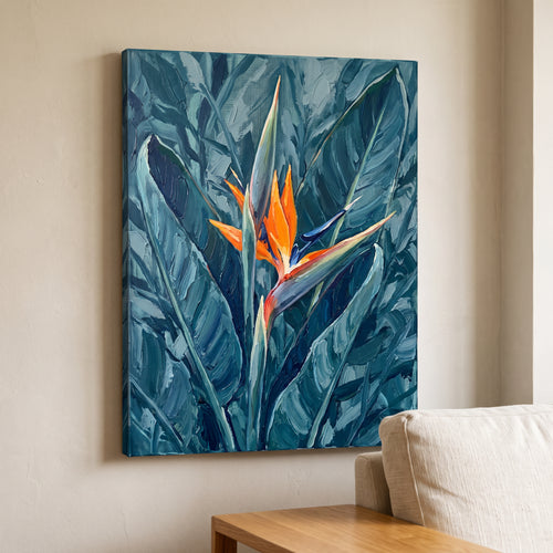 Blue Tropical Wall Art — blue tropical wall, botanical wall art, canvas wall art shown on a wall in a styled interior, view C8 (tropical botanical) | BloomWorld