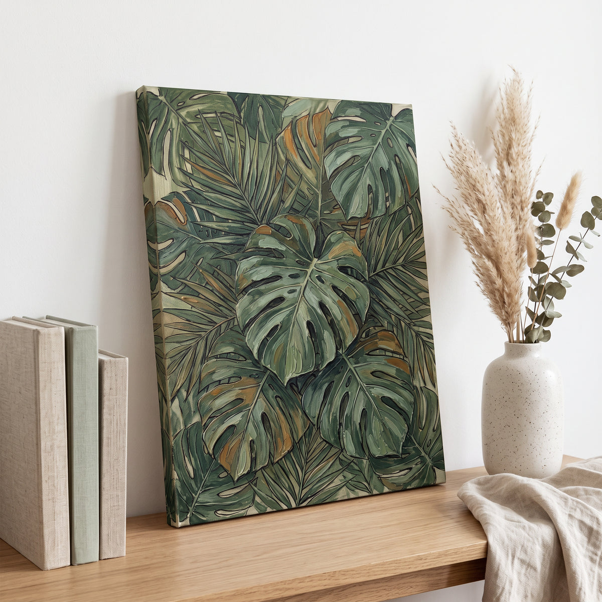 Jungle Nursery Decor — botanical print, botanical wall art, canvas wall art shown on a wall in a styled interior, view C10 (tropical botanical) | BloomWorld Art