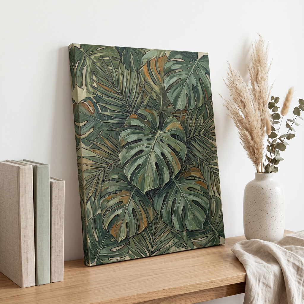 Jungle Nursery Decor — botanical print, botanical wall art, canvas wall art shown on a wall in a styled interior, view C10 (tropical botanical) | BloomWorld Art
