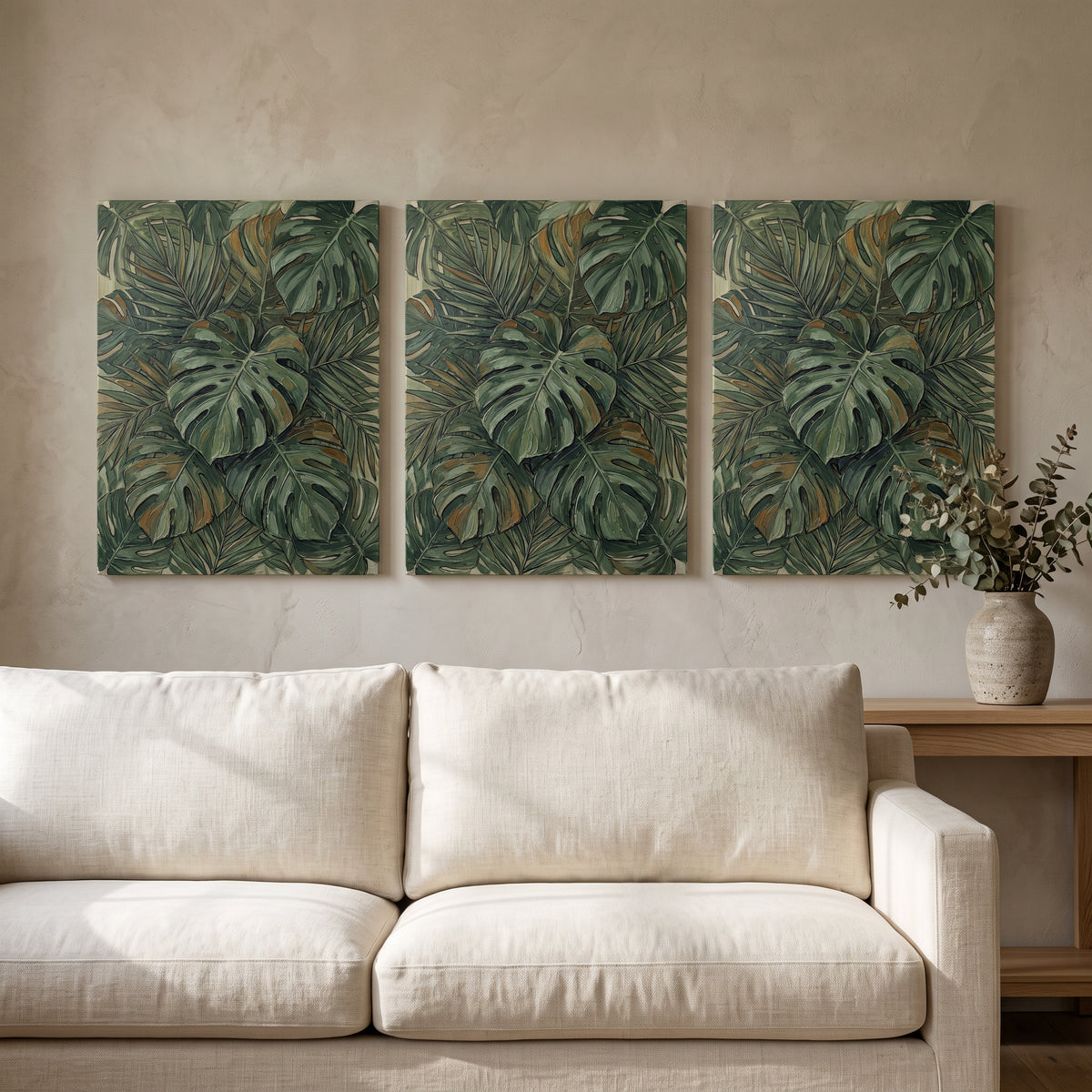 Jungle Nursery Decor — botanical print, botanical wall art, canvas wall art shown on a wall in a styled interior, view C3 (tropical botanical) | BloomWorld Art
