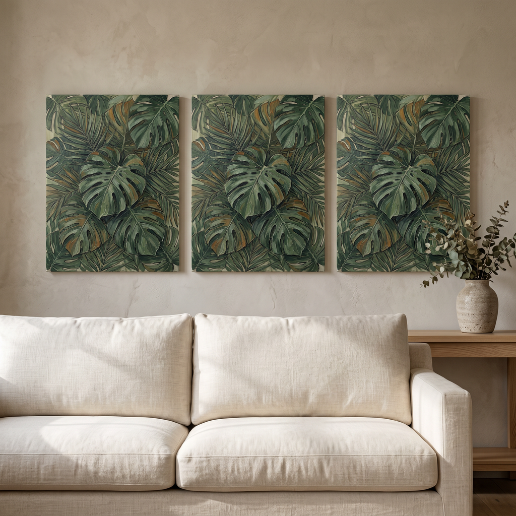 Jungle Nursery Decor — botanical print, botanical wall art, canvas wall art shown on a wall in a styled interior, view C3 (tropical botanical) | BloomWorld Art