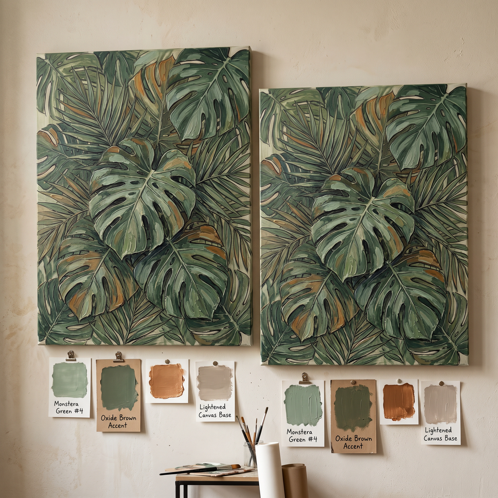 Jungle Nursery Decor — botanical print, botanical wall art, canvas wall art shown on a wall in a styled interior, view C5 (tropical botanical) | BloomWorld Art