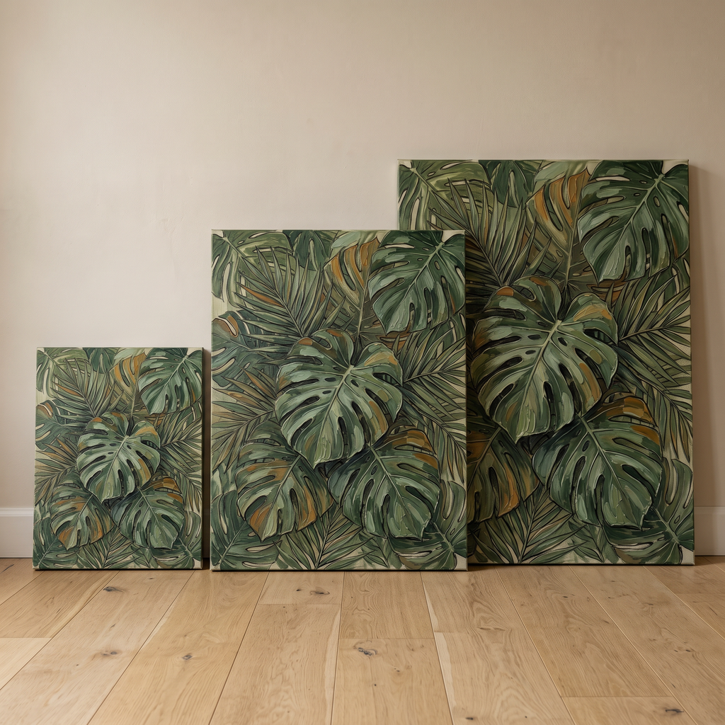 Jungle Nursery Decor — botanical print, botanical wall art, canvas wall art shown on a wall in a styled interior, view C7 (tropical botanical) | BloomWorld Art