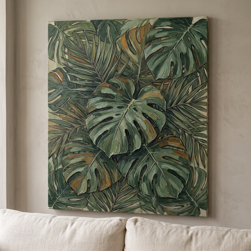 Jungle Nursery Decor — botanical print, botanical wall art, canvas wall art shown on a wall in a styled interior, view C8 (tropical botanical) | BloomWorld Art