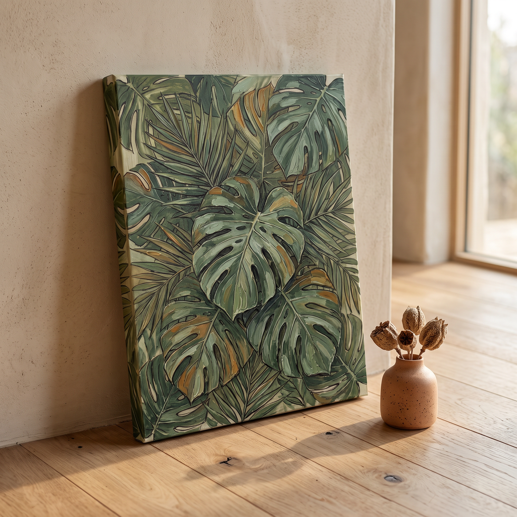 Jungle Nursery Decor — botanical print, botanical wall art, canvas wall art shown on a wall in a styled interior, view C9 (tropical botanical) | BloomWorld Art