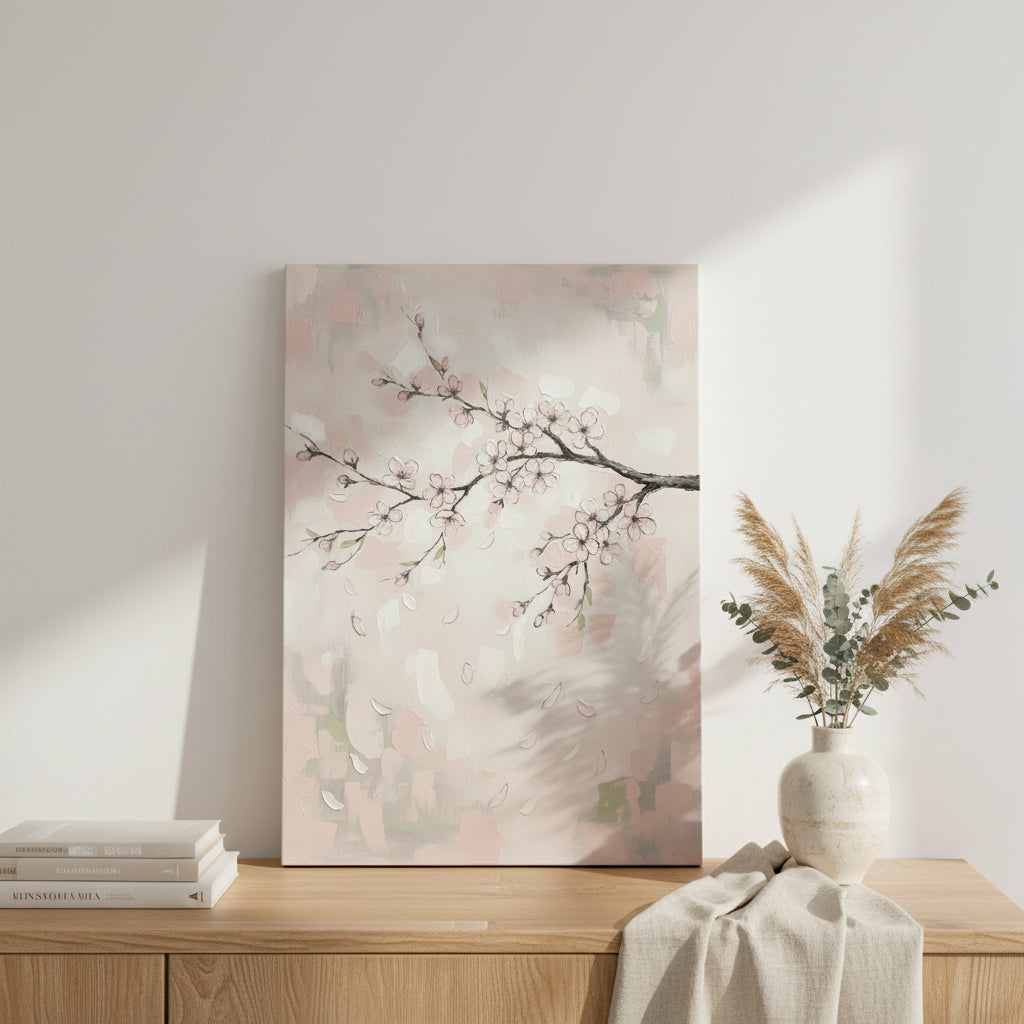 Cherry Blossom Wall Art — cherry blossom wall art, giclee canvas art, canvas wall art shown on a wall in a styled interior, view C10 (Japandi / Japanese zen) | 