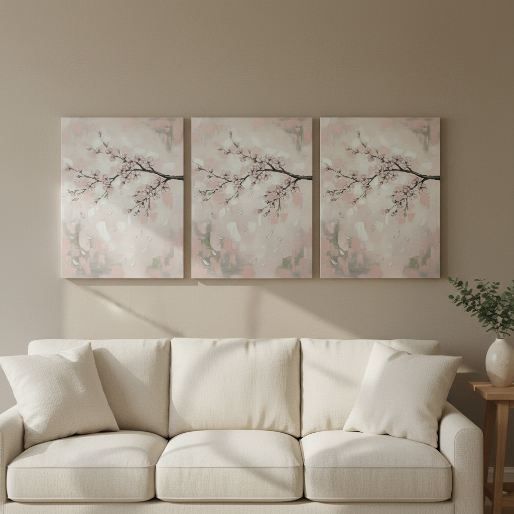 Cherry Blossom Wall Art — cherry blossom wall art, giclee canvas art, canvas wall art shown on a wall in a styled interior, view C3 (Japandi / Japanese zen) | B
