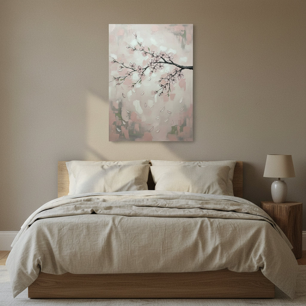 Cherry Blossom Wall Art — cherry blossom wall art, giclee canvas art, canvas wall art shown on a wall in a styled interior, view C4 (Japandi / Japanese zen) | B