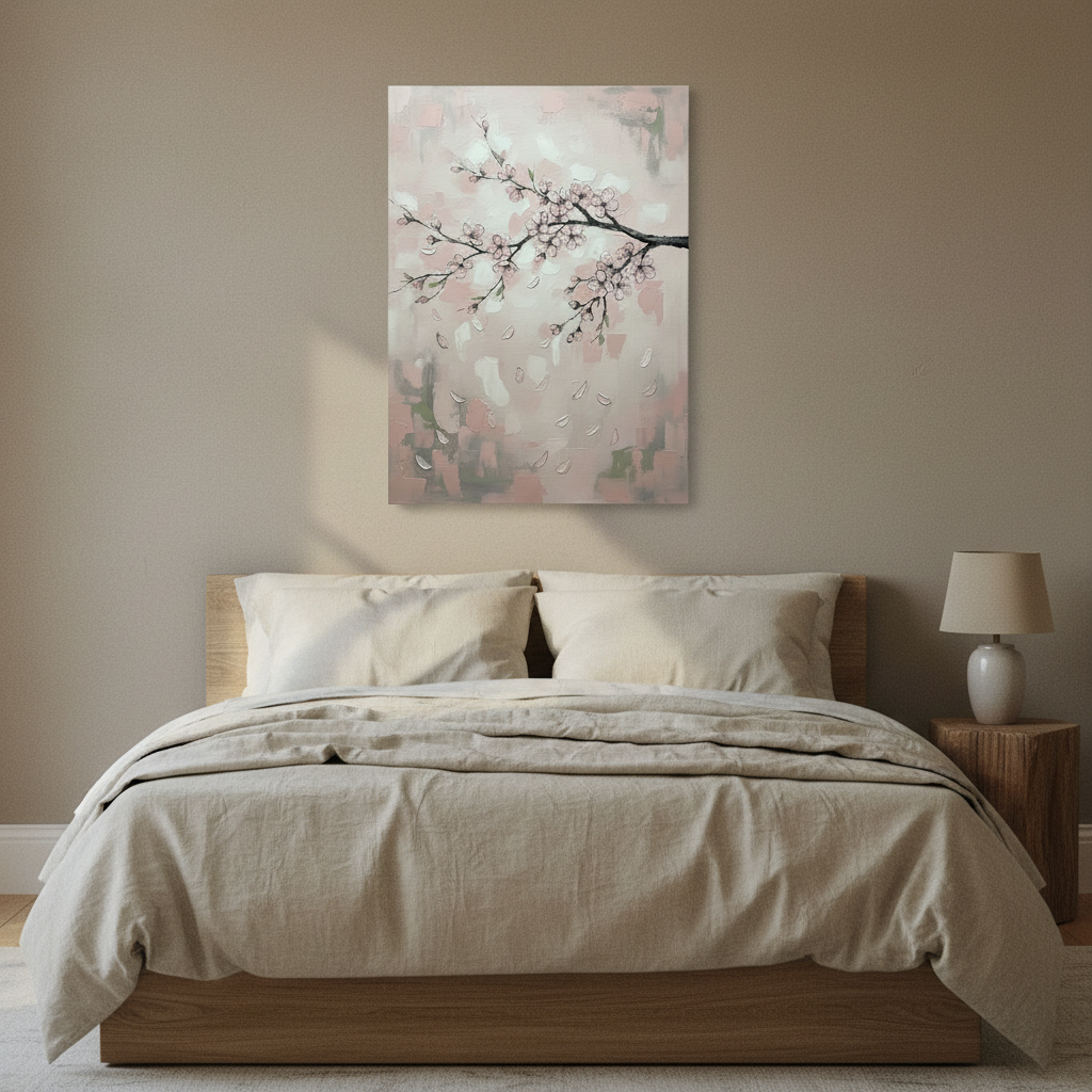 Cherry Blossom Wall Art — cherry blossom wall art, giclee canvas art, canvas wall art shown on a wall in a styled interior, view C4 (Japandi / Japanese zen) | B