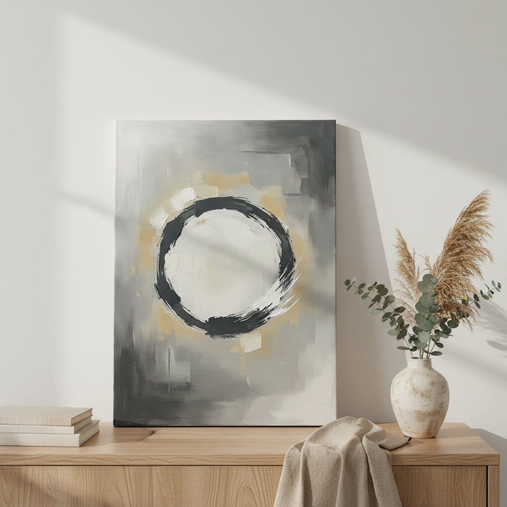 Zen Circle Wall Art — bedroom wall art, enso wall art, canvas wall art shown on a wall in a styled interior, view C10 (Japandi / Japanese zen) | BloomWorld Art