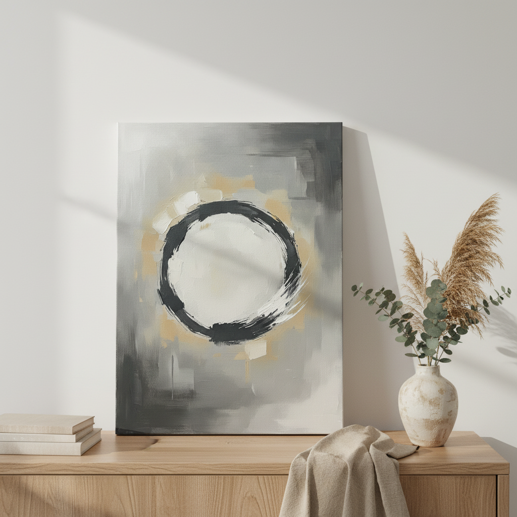 Zen Circle Wall Art, Japanese Ink Wash Canvas, Bedroom Decor, Gift