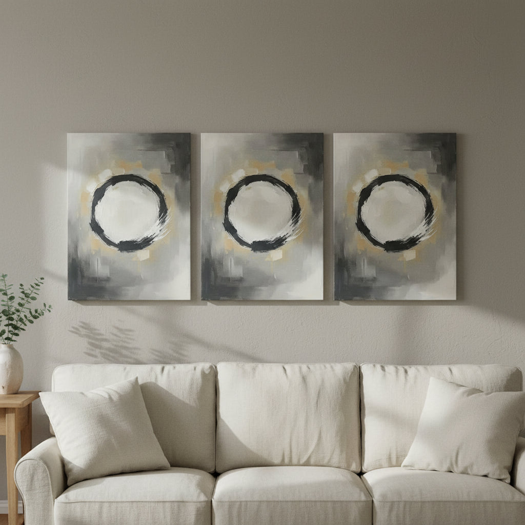 Zen Circle Wall Art — bedroom wall art, enso wall art, canvas wall art shown on a wall in a styled interior, view C3 (Japandi / Japanese zen) | BloomWorld Art