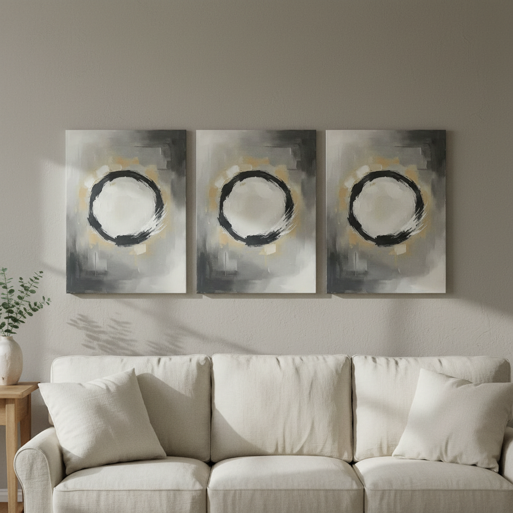 Zen Circle Wall Art — bedroom wall art, enso wall art, canvas wall art shown on a wall in a styled interior, view C3 (Japandi / Japanese zen) | BloomWorld Art
