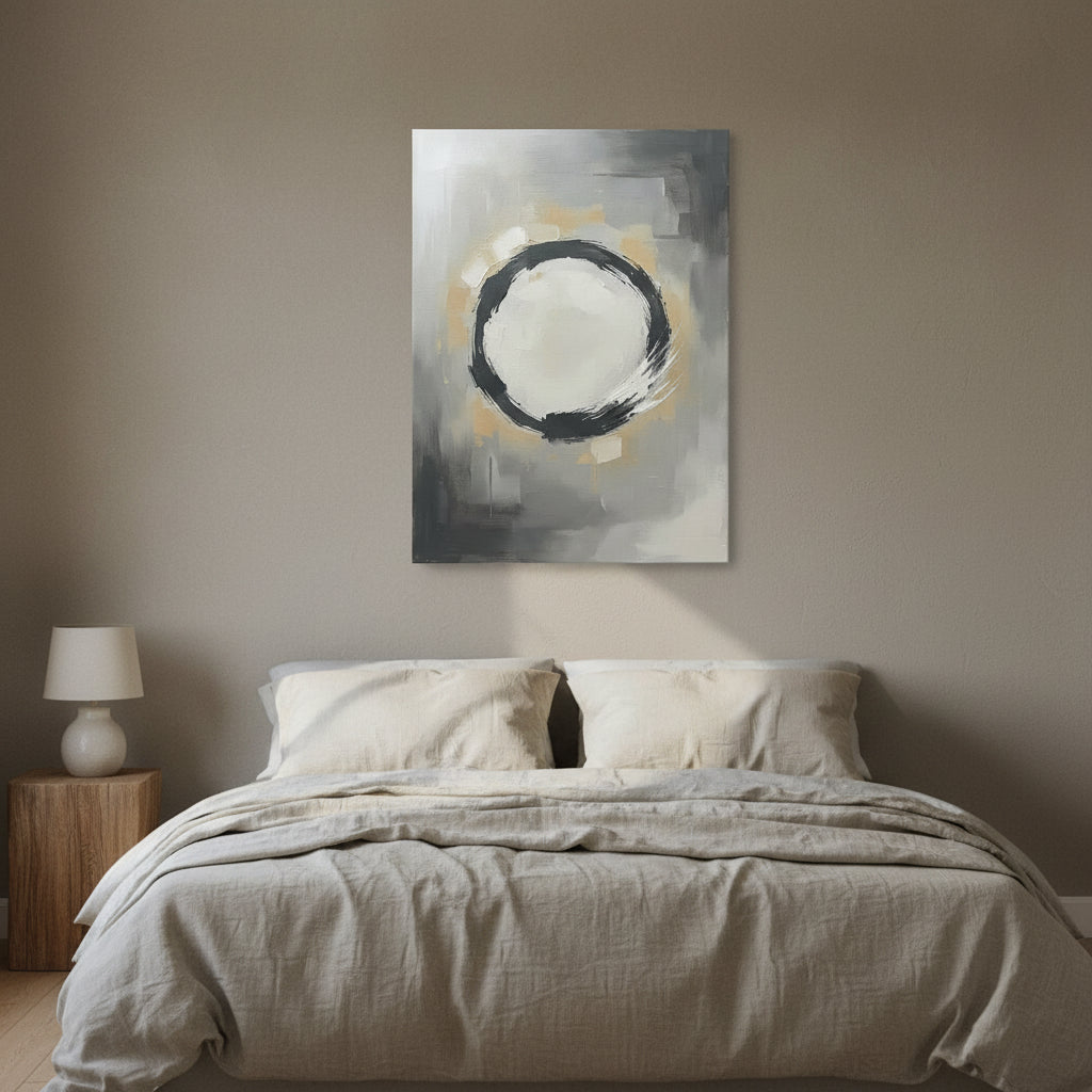 Zen Circle Wall Art — bedroom wall art, enso wall art, canvas wall art shown on a wall in a styled interior, view C4 (Japandi / Japanese zen) | BloomWorld Art