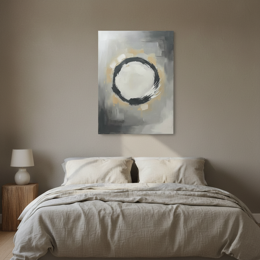 Zen Circle Wall Art — bedroom wall art, enso wall art, canvas wall art shown on a wall in a styled interior, view C4 (Japandi / Japanese zen) | BloomWorld Art