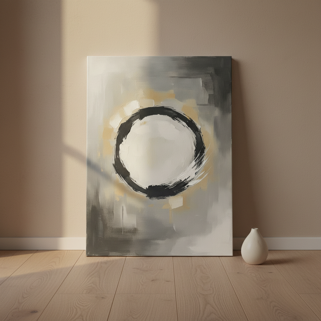 Zen Circle Wall Art, Japanese Ink Wash Canvas, Bedroom Decor, Gift
