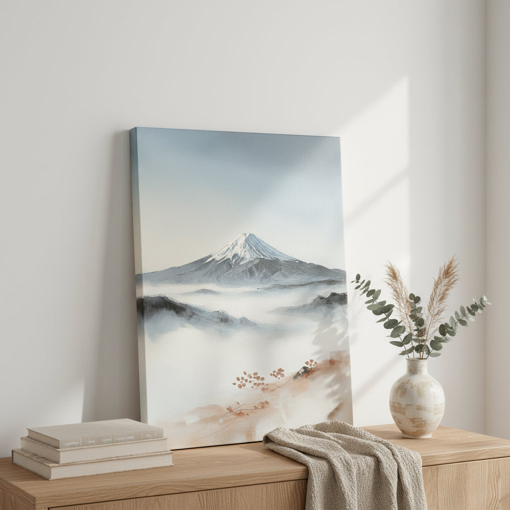Mount Fuji Wall Art — coastal home decor, giclee canvas art, canvas wall art shown on a wall in a styled interior, view C10 (Japandi / Japanese zen) | BloomWorl