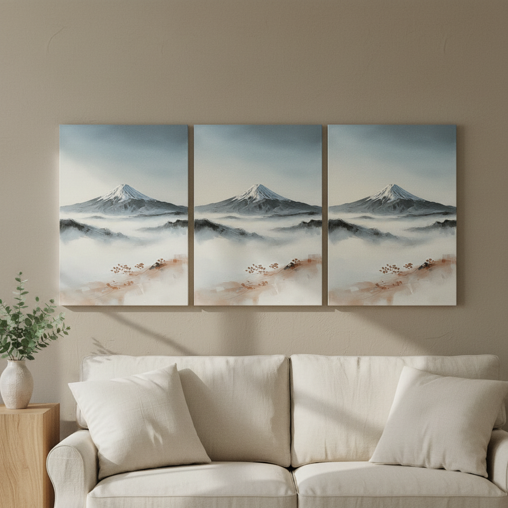 Mount Fuji Wall Art — coastal home decor, giclee canvas art, canvas wall art shown on a wall in a styled interior, view C3 (Japandi / Japanese zen) | BloomWorld