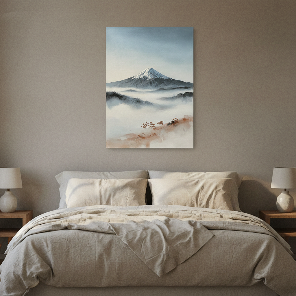 Mount Fuji Wall Art — coastal home decor, giclee canvas art, canvas wall art shown on a wall in a styled interior, view C4 (Japandi / Japanese zen) | BloomWorld