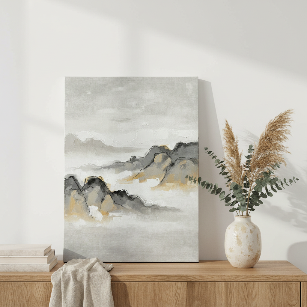 Ink Wash Landscape Wall Art, Japanese Sumi-e Canvas, Bedroom Decor