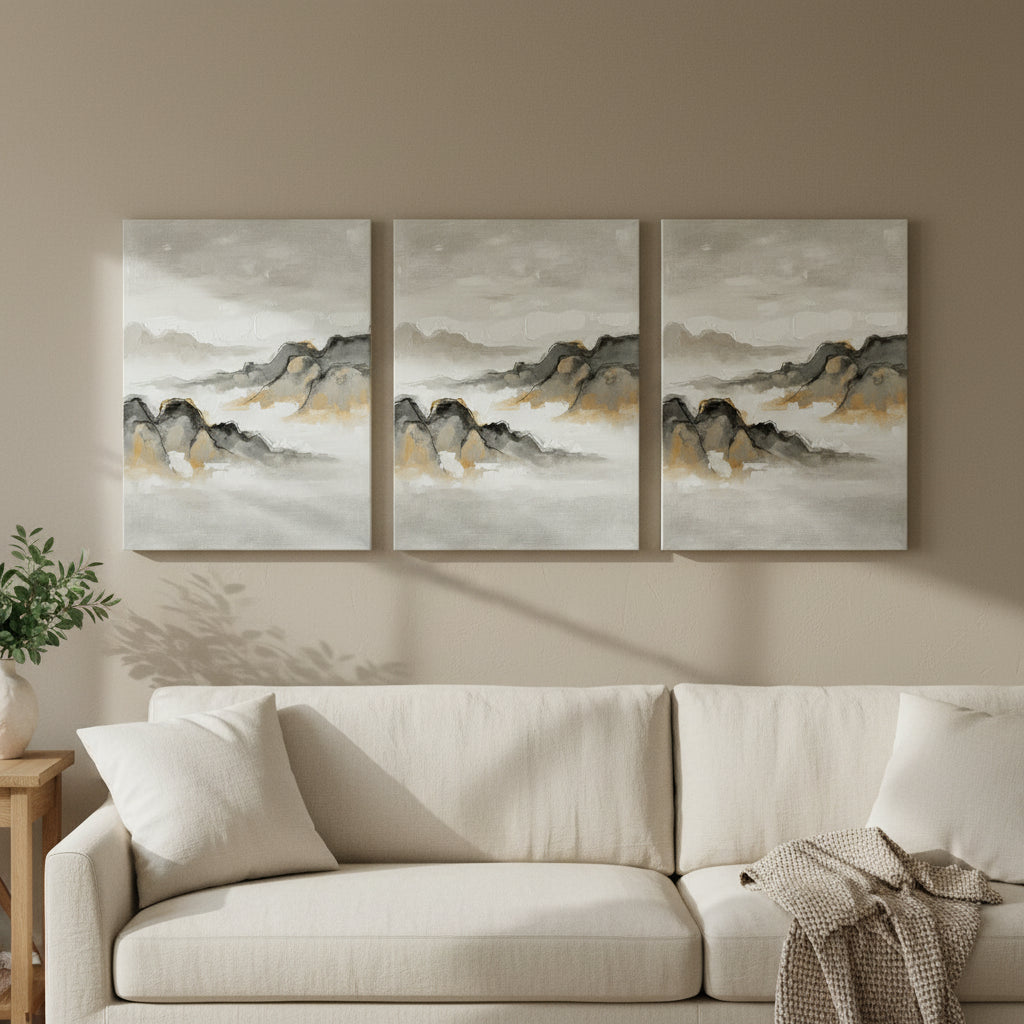 Ink Wash Landscape Wall Art — bedroom wall art, giclee canvas art, canvas wall art shown on a wall in a styled interior, view C3 (Japandi / Japanese zen) | Bloo