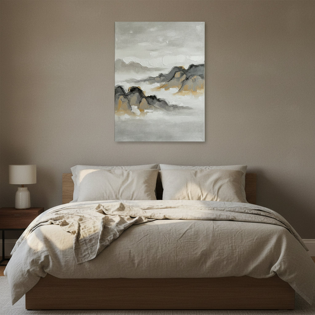Ink Wash Landscape Wall Art — bedroom wall art, giclee canvas art, canvas wall art shown on a wall in a styled interior, view C4 (Japandi / Japanese zen) | Bloo