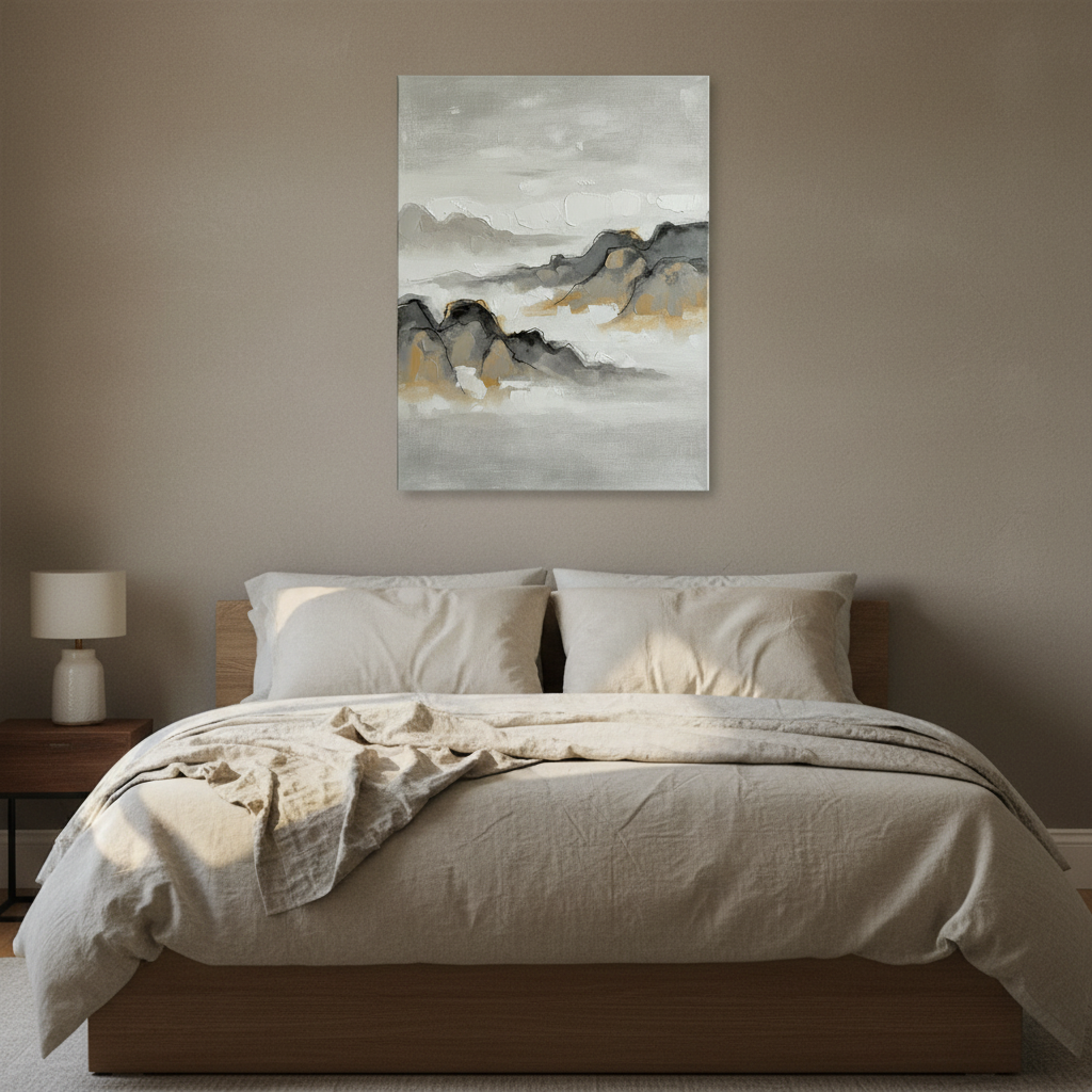 Ink Wash Landscape Wall Art — bedroom wall art, giclee canvas art, canvas wall art shown on a wall in a styled interior, view C4 (Japandi / Japanese zen) | Bloo
