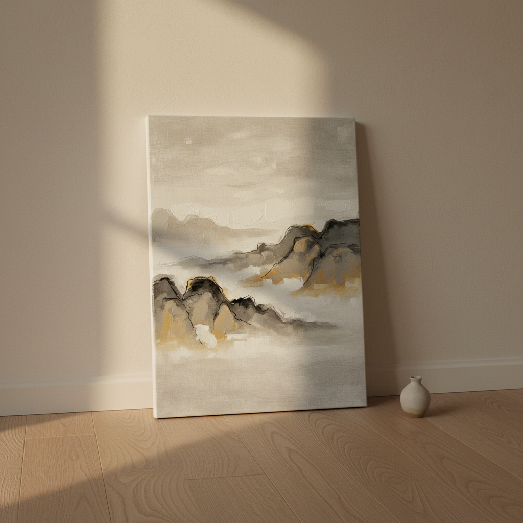 Ink Wash Landscape Wall Art, Japanese Sumi-e Canvas, Bedroom Decor