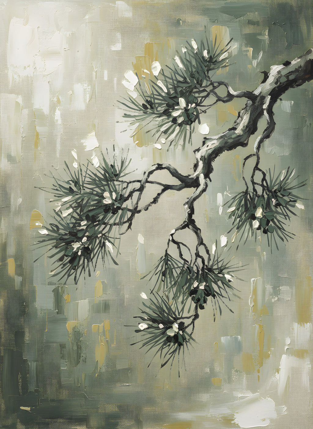 Pine Branch Wall Art, Japanese Nature Canvas, Bathroom Decor, Gift