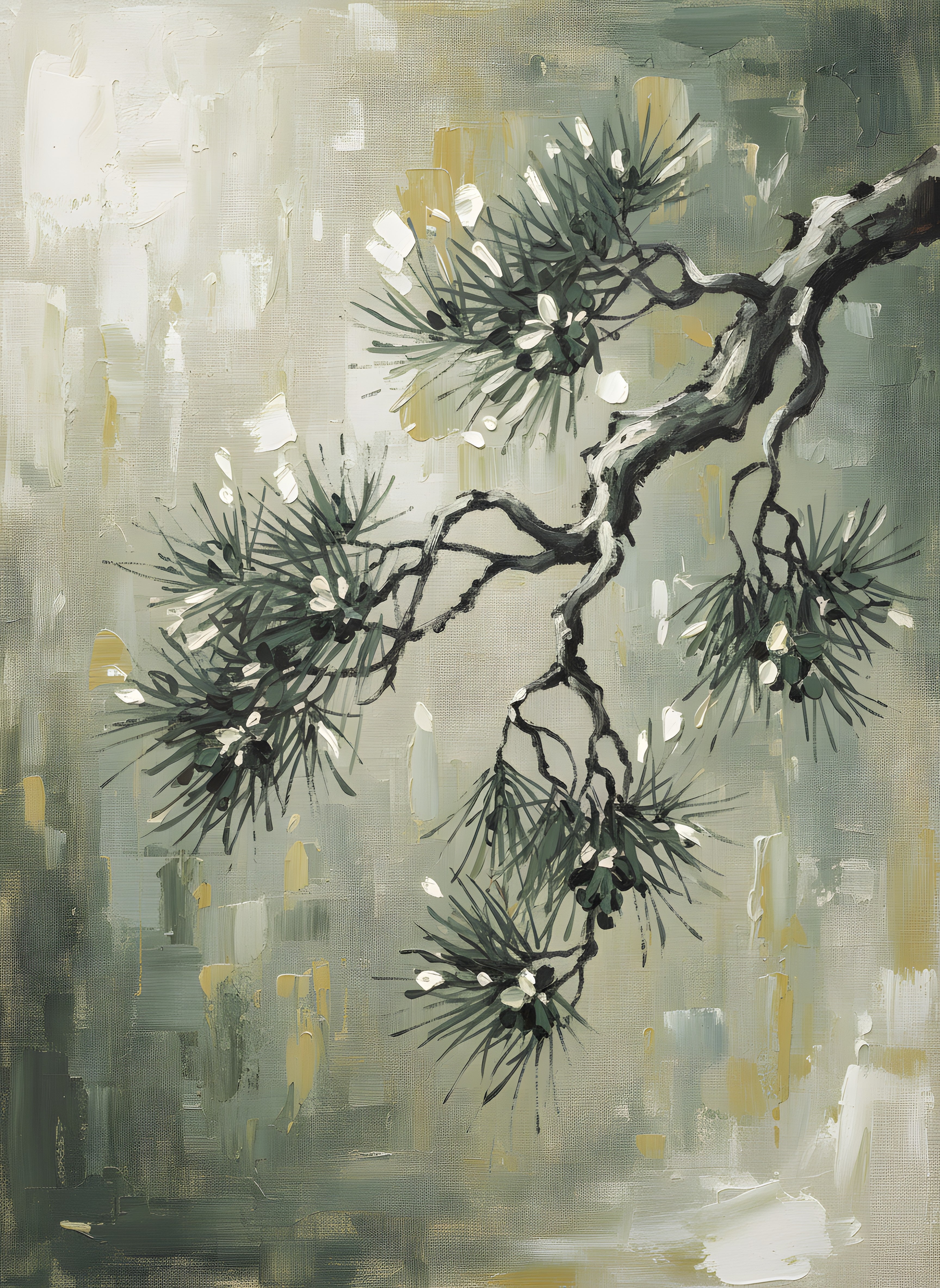 Pine Branch Wall Art, Japanese Nature Canvas, Bathroom Decor, Gift