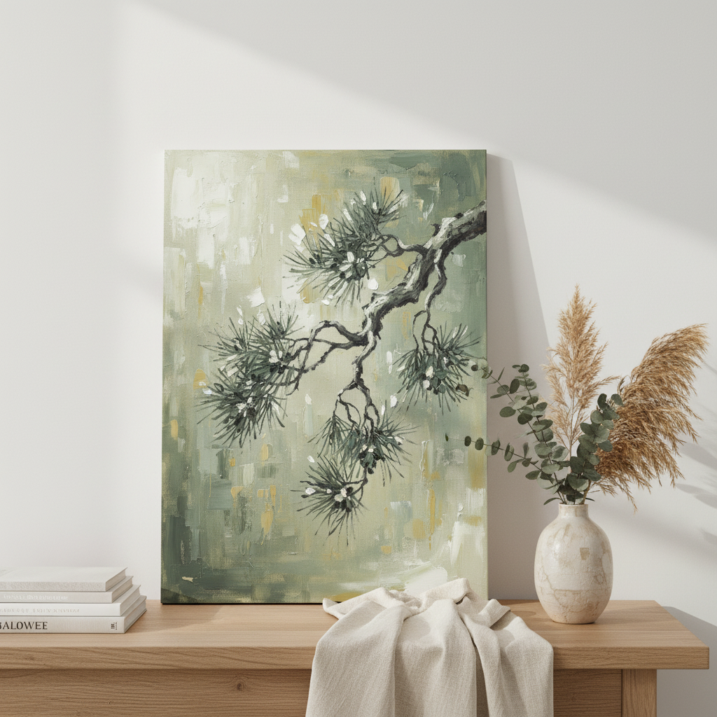 Pine Branch Wall Art, Japanese Nature Canvas, Bathroom Decor, Gift