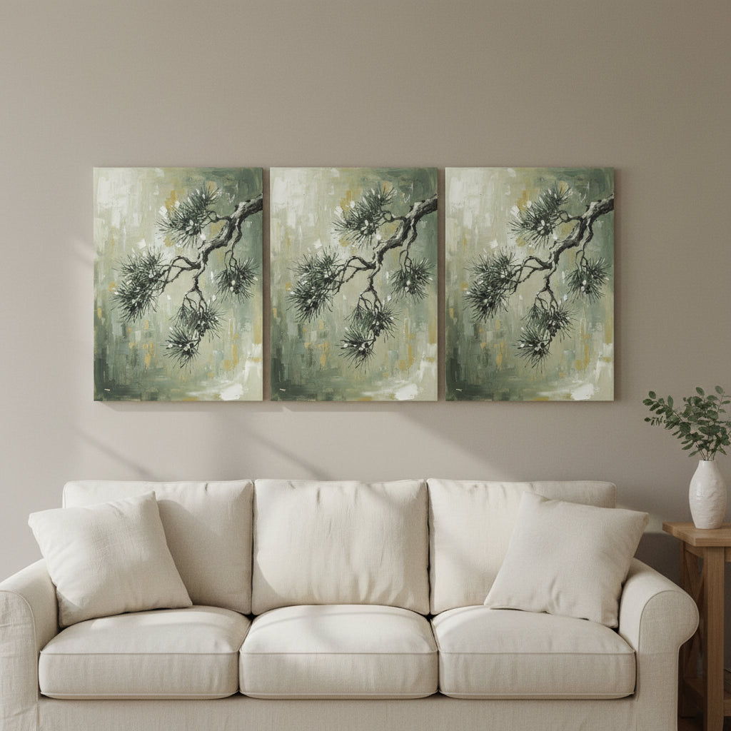 Pine Branch Wall Art — bathroom wall art, giclee canvas art, canvas wall art shown on a wall in a styled interior, view C3 (Japandi / Japanese zen) | BloomWorld