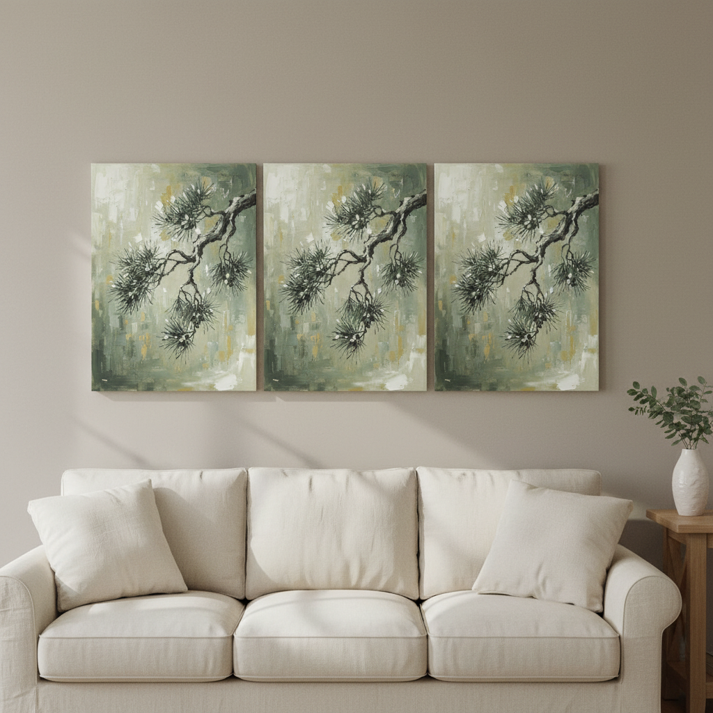 Pine Branch Wall Art — bathroom wall art, giclee canvas art, canvas wall art shown on a wall in a styled interior, view C3 (Japandi / Japanese zen) | BloomWorld
