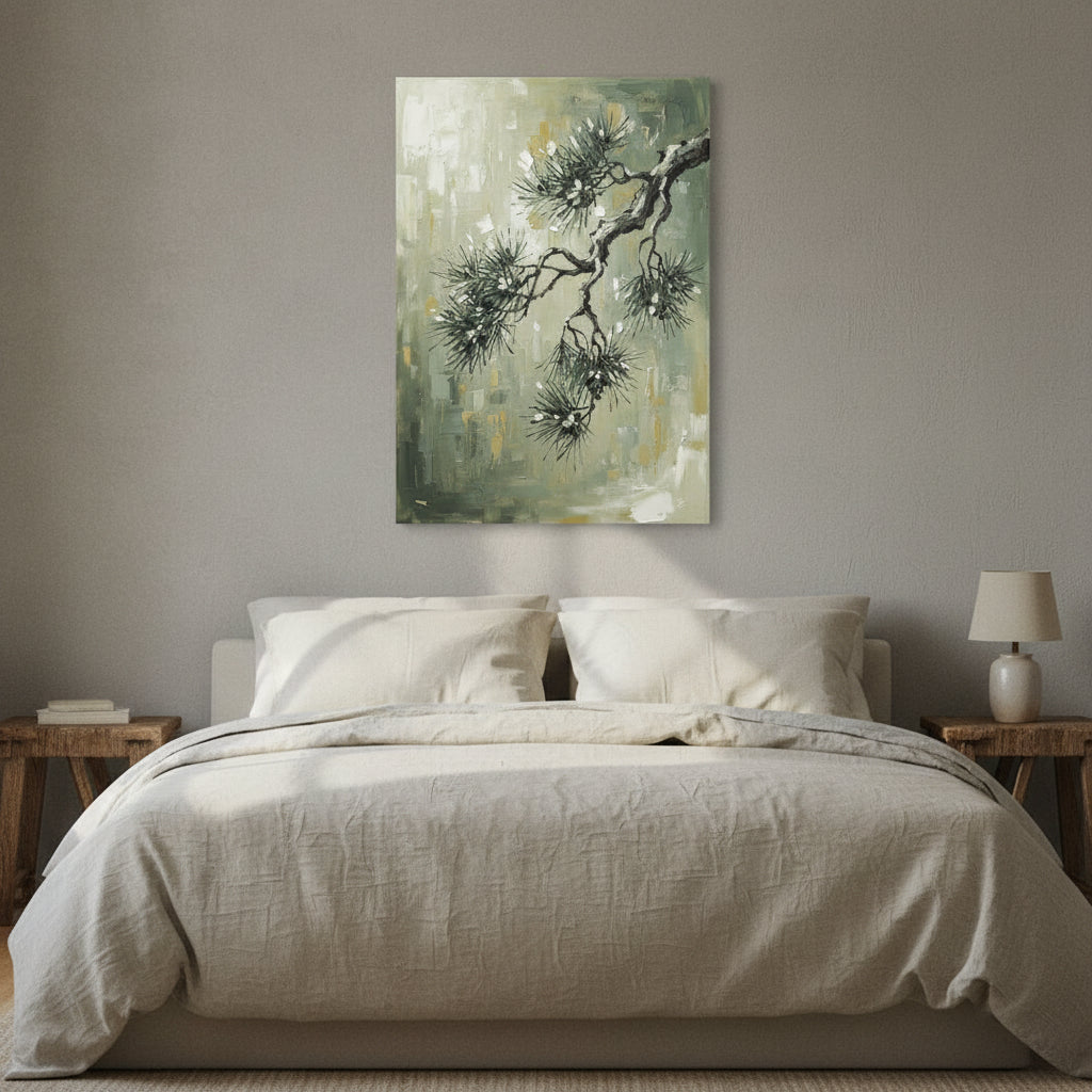 Pine Branch Wall Art — bathroom wall art, giclee canvas art, canvas wall art shown on a wall in a styled interior, view C4 (Japandi / Japanese zen) | BloomWorld