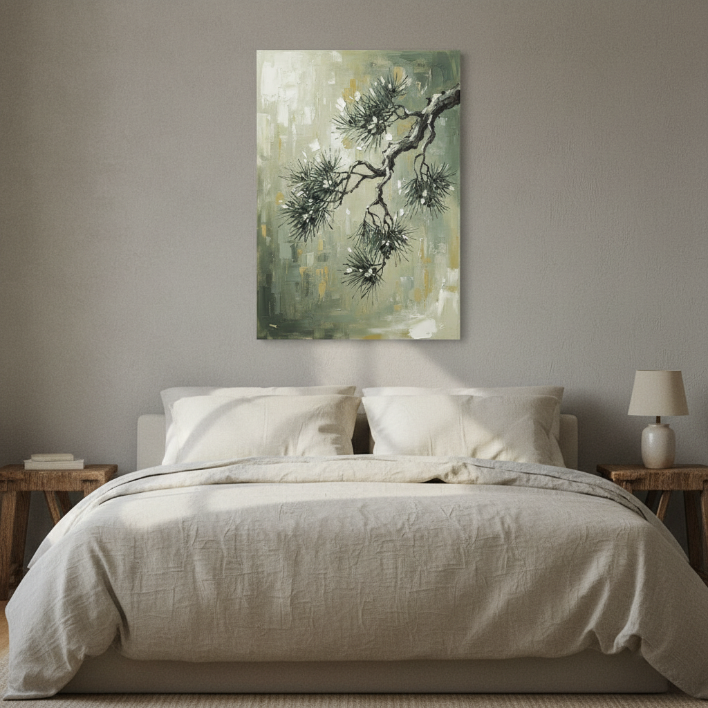 Pine Branch Wall Art — bathroom wall art, giclee canvas art, canvas wall art shown on a wall in a styled interior, view C4 (Japandi / Japanese zen) | BloomWorld