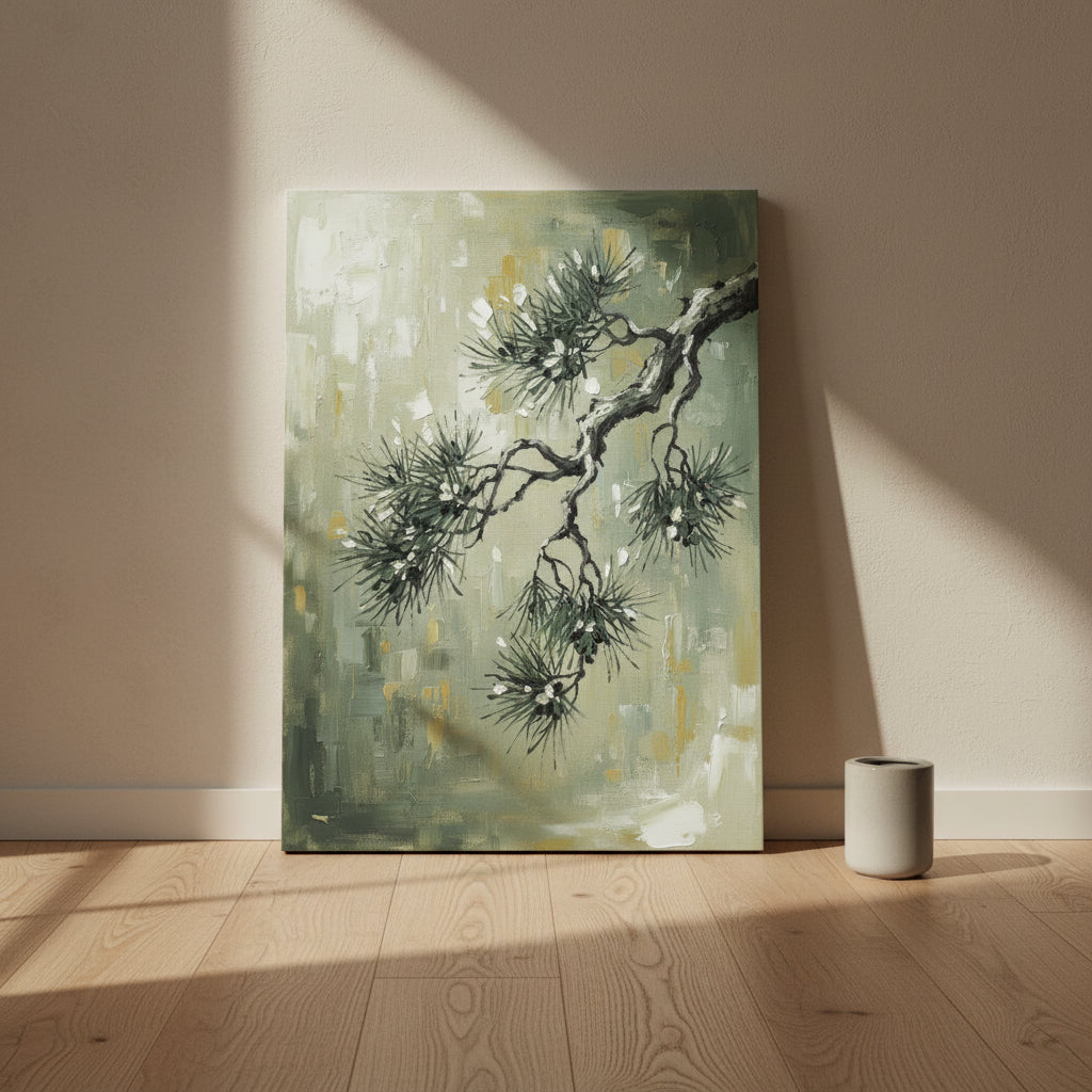 Pine Branch Wall Art — bathroom wall art, giclee canvas art, canvas wall art shown on a wall in a styled interior, view C9 (Japandi / Japanese zen) | BloomWorld