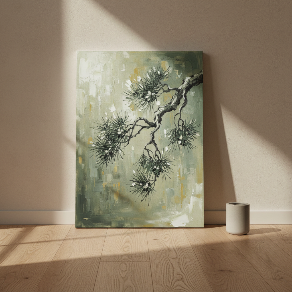 Pine Branch Wall Art, Japanese Nature Canvas, Bathroom Decor, Gift