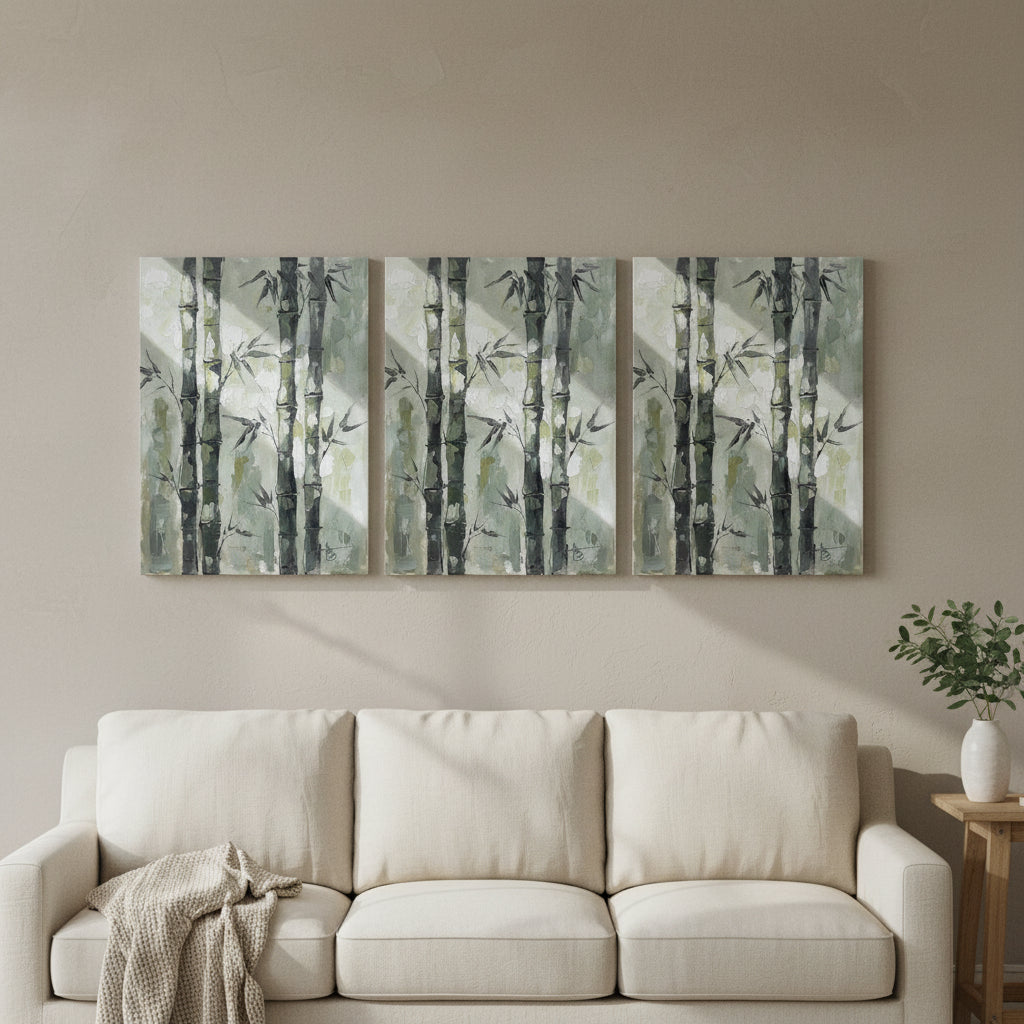 Bamboo Wall Art — bamboo wall art, giclee canvas art, canvas wall art shown on a wall in a styled interior, view C3 (Japandi / Japanese zen) | BloomWorld Art