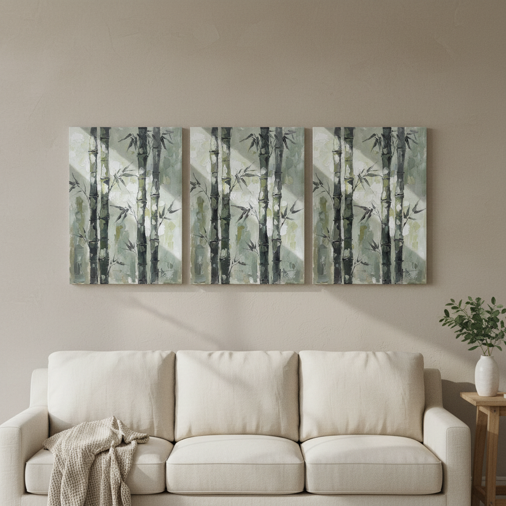 Bamboo Wall Art — bamboo wall art, giclee canvas art, canvas wall art shown on a wall in a styled interior, view C3 (Japandi / Japanese zen) | BloomWorld Art