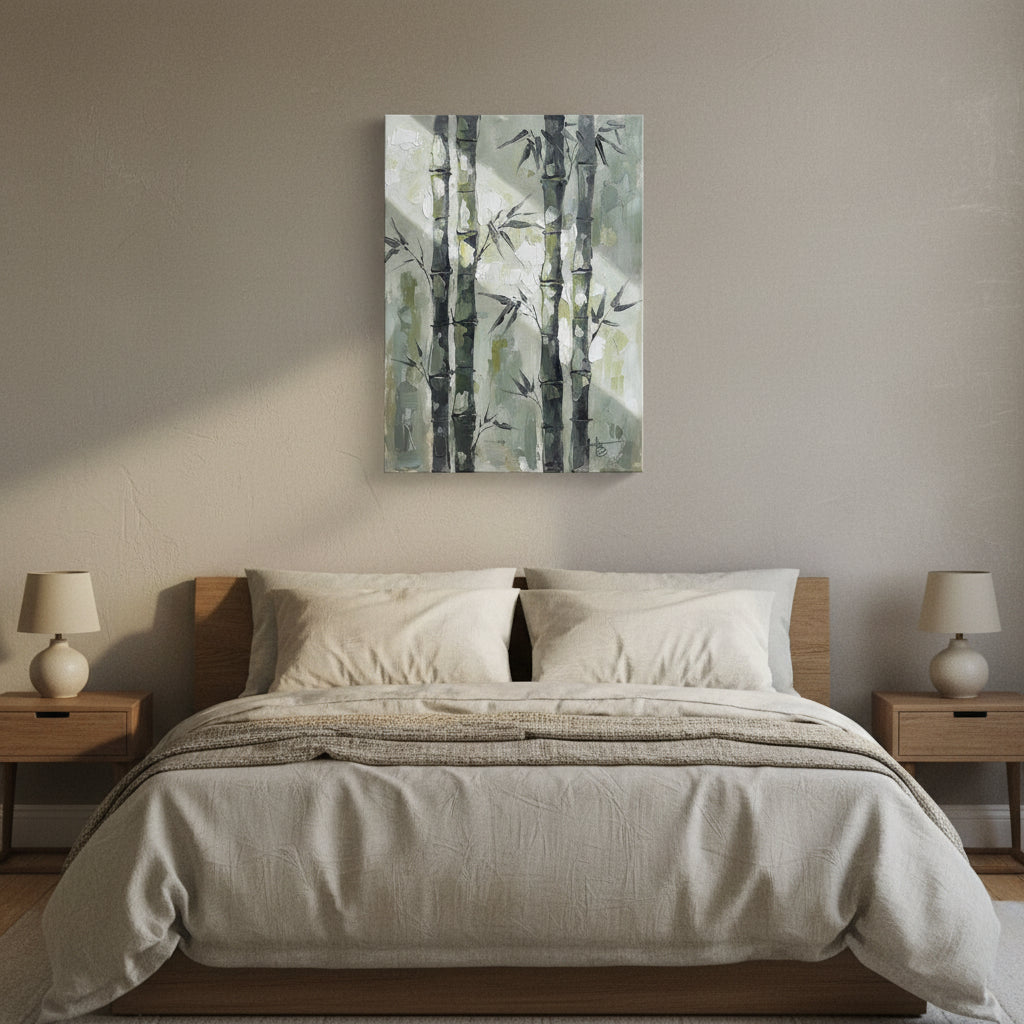Bamboo Wall Art — bamboo wall art, giclee canvas art, canvas wall art shown on a wall in a styled interior, view C4 (Japandi / Japanese zen) | BloomWorld Art