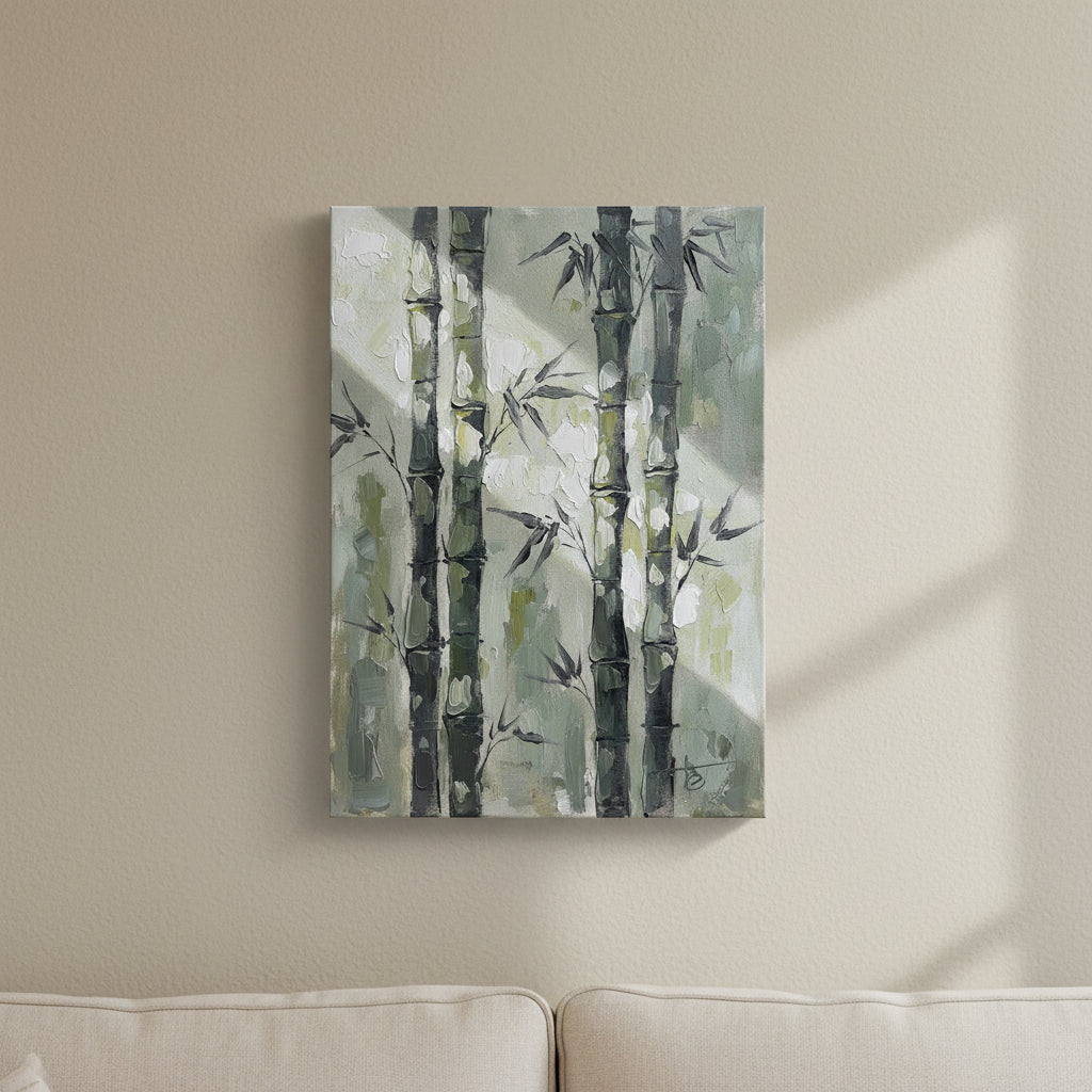 Bamboo Wall Art — bamboo wall art, giclee canvas art, canvas wall art shown on a wall in a styled interior, view C8 (Japandi / Japanese zen) | BloomWorld Art