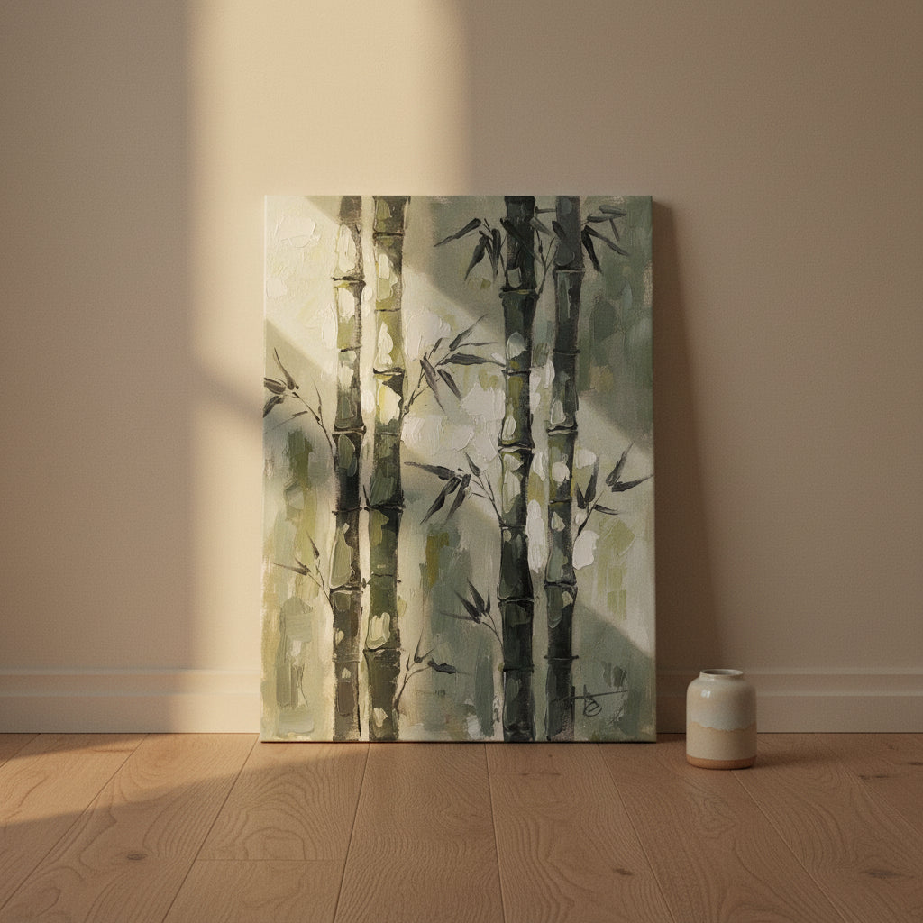 Bamboo Wall Art — bamboo wall art, giclee canvas art, canvas wall art shown on a wall in a styled interior, view C9 (Japandi / Japanese zen) | BloomWorld Art